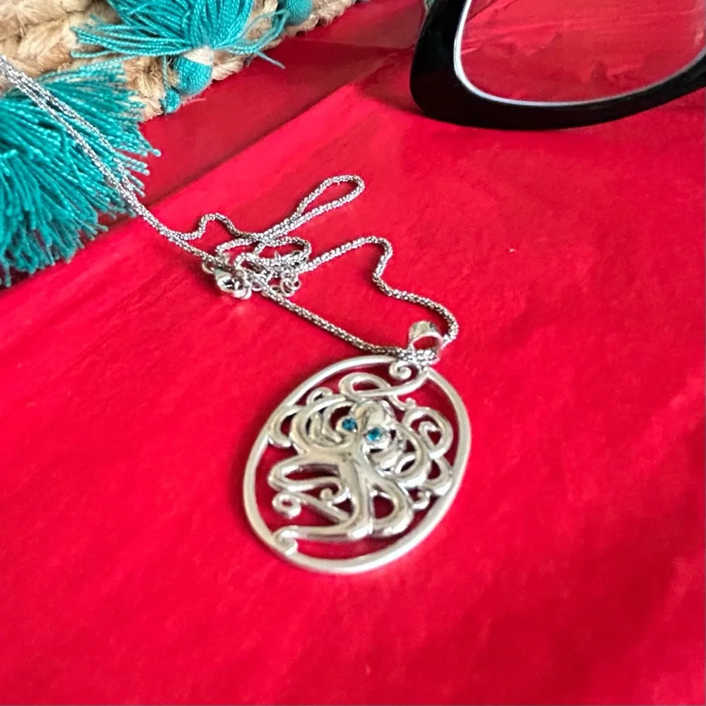 Silver and Blue Octopus Pendant Necklace - Picture 7 of 9